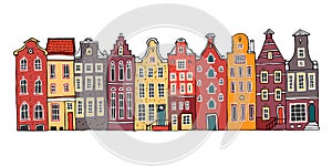 Amsterdam colorful vector sketch hand drawn illustration. Cartoon outline houses facades in a row photo